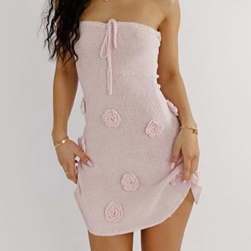 JazzHer Sexy 3D Flower Knitted Mini Dress Women Slim Sleeveless Backless Hip Package Female Dresses 2024 Lady Pink Lace Up Beach Vestido