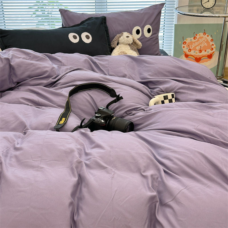 JazzHer Ins Purple Black Big Eye Solid Color Bedding Set Girls Boys Double Size Flat Sheet Duvet Cover Pillowcase Bed Linen Home Textile