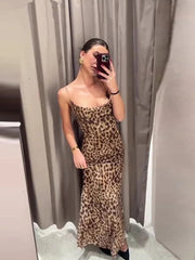 JazzHer Ladies Vintage Leopard Print Women Sexy Spaghetti Strap Summer Dress Chic Swing Collar Backless Party Club Long Dresses Female