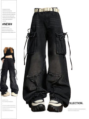 christmas outfit JazzHer Women's Black Gothic Baggy Cargo Jeans with Star Harajuku Y2k 90s Aesthetic Denim Trousers Emo 2000s Jean Pants Vintage Clothes