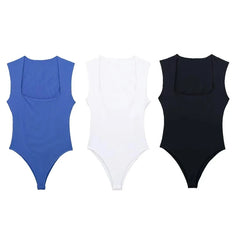 JazzHer black body woman sleeveless white bodysuit women square neck summer one piece swimsuits sexy lingerie women's bodysuit