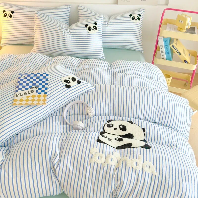 JazzHer Striped Bedding Set Full Size Cartoon Duvet Cover for Kids Purple Bed Sheet Set Single Size Panda Towel Embroidery Bedding Sets