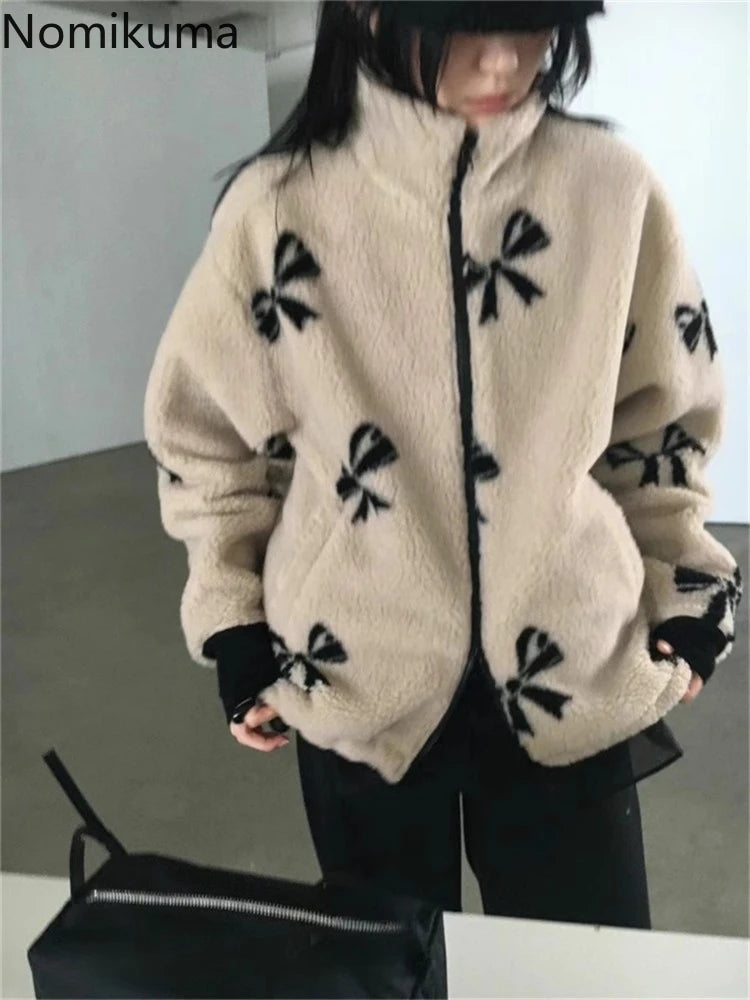 JazzHer Streetwear Chic Lamb Wool Jacket Women Winter Clothing Stand Neck Zipper Outwear Y2k Tops Korean Fashion Print Casual Warm Coats