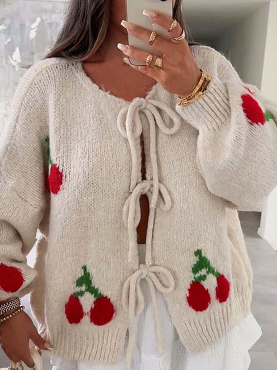 thanksgiving outfit JazzHer Women's Tie Front Knit Cardigan Cherry Pattern Long Sleeve Crew Neck Loose Sweater for Fall Winter