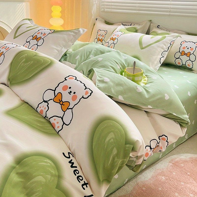 JazzHer Cute Rabbit Carrot Bedding Set Soft Green Flat Sheet Quilt Cover Pillowcase Bed Linen Twin Queen Full Size Floral Duvet Cover