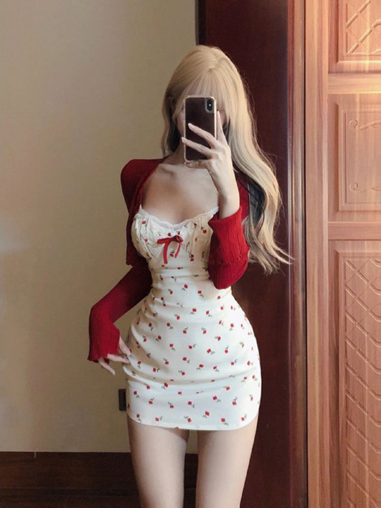 JazzHer Korean 2 Piece Dress Sets Women Casual Knitted Short Cardigan + Outwear Elegant Sweet Floral Strap Mini Dress Chic 2025 Spring