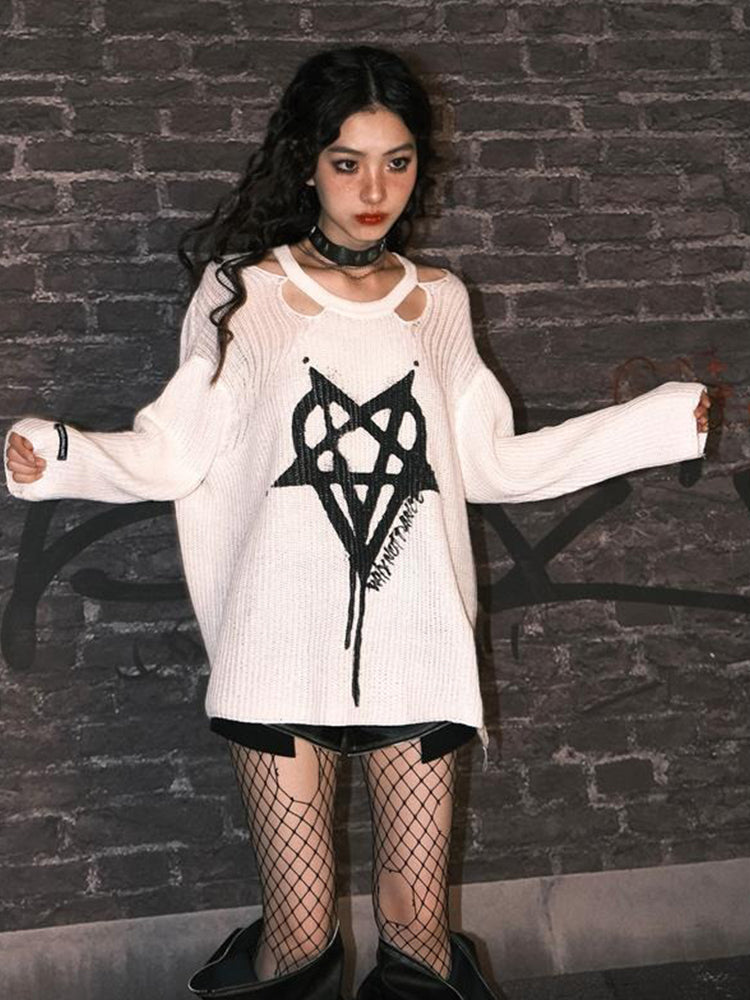 JazzHer Harajuku Streetwear Knitted Sweater Women Cyber Punk Y2k Pentagram Printed Long Sleeve Hollow Out Loose Casual Pullover