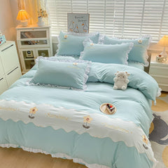 JazzHer Kawaii Princess Bedding Set with White Ruffles Korean Style Girls Single Full Duvet Cover No Filling Flat Sheet Pillowcases Kit