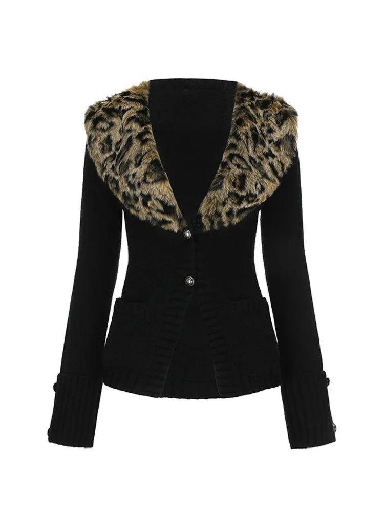 JazzHer 2025 Autumn Vintage Leopard Patchwork Tops Women Japanese Gyaru V-neck Long Sleeve Sweater Streetwear Slim Sexy Y2k Cardigan New