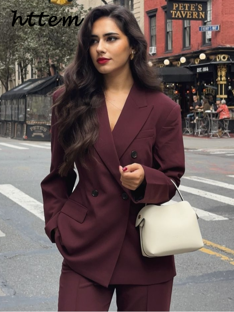 JazzHer Elegant Women's Burgundy Suit Jacket Vintage Lapel Double Breasted Pocket Full Sleeve Blazer 2024 Autumn Lady Office Outwear New