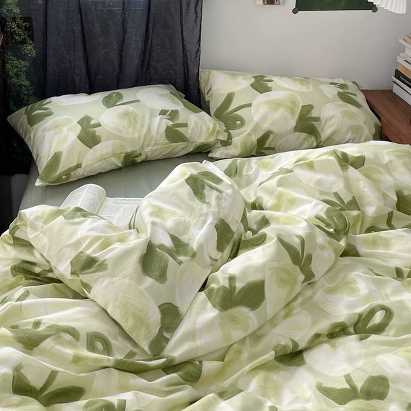 JazzHer Korean Style Duvet Cover Set No Filler Fashion Floral Ins Twin Double Queen Size Boys Girls Flat Sheet Pillowcases Bedding Linen