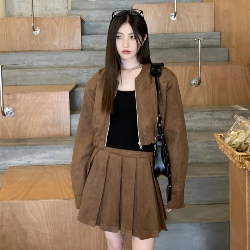 cold weather outfits JazzHer 2024 Autumn New Sensibility Maillard Brown Vintage Leather Jacket With Pleated Skirt Set Women Fashion Dress Set