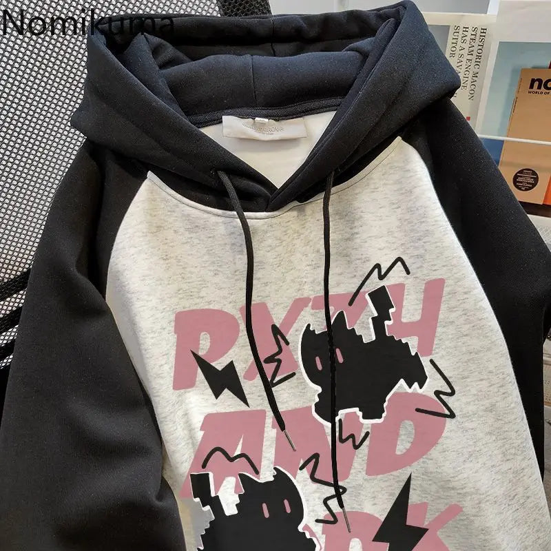 JazzHer Streetwear Hoodie Women Clothing 2025 Cartoon Print Hooded Contrast Color Fashion Sweatshirts Ropa Mujer Casual Y2k Hoodies Tops