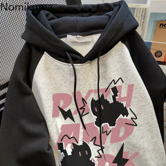 JazzHer Streetwear Hoodie Women Clothing 2025 Cartoon Print Hooded Contrast Color Fashion Sweatshirts Ropa Mujer Casual Y2k Hoodies Tops