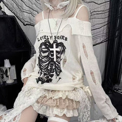 JazzHer Sweater Y2k Tops Punk Skull Gothic Women Clothes Winter Streetwear Hole Kawaii Loose Outerwears Pullovers Sweater Femme Clothing