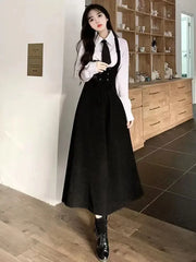 JazzHer 2025 Autumn Preppy Style 2 Piece Dress Set Women Casual Simple Shirt + Elegant Sleeveless Strap Dress Korean Fashion Dress Suit