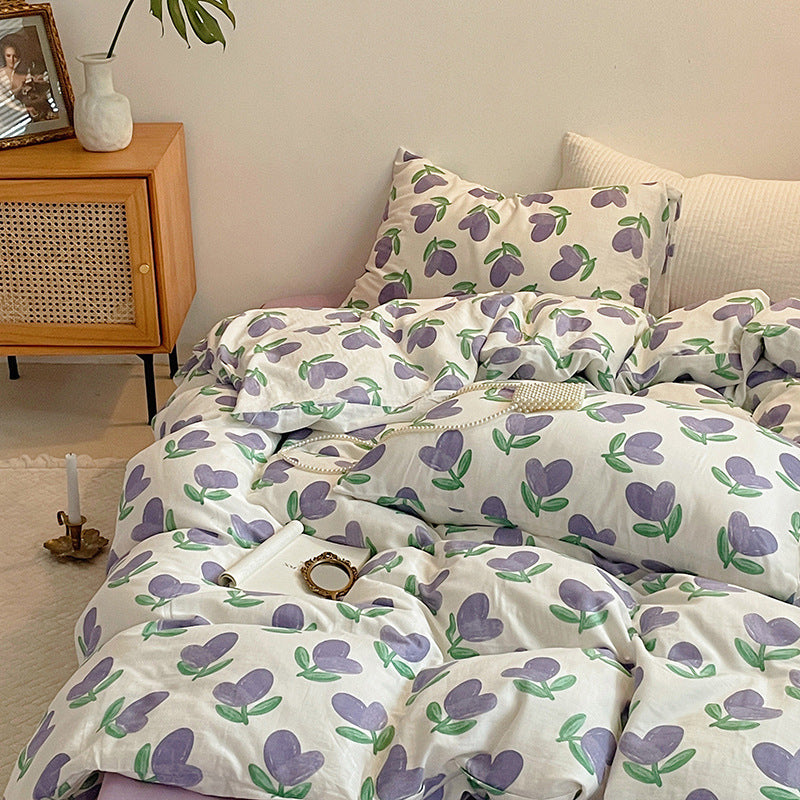 JazzHer Korean Style Duvet Cover Set No Filler Fashion Floral Ins Twin Double Queen Size Boys Girls Flat Sheet Pillowcases Bedding Linen