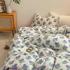 JazzHer Korean Style Duvet Cover Set No Filler Fashion Floral Ins Twin Double Queen Size Boys Girls Flat Sheet Pillowcases Bedding Linen