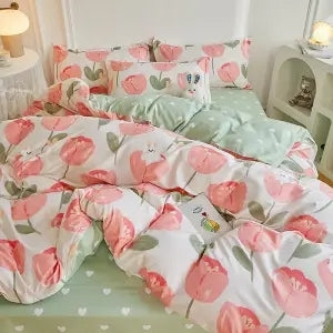 JazzHer Garden Flowers And Cute Rabbit Pattern Duvet Cover Nordic Style Full Size Bedding Sets Queen Double For Girls Gift Pink