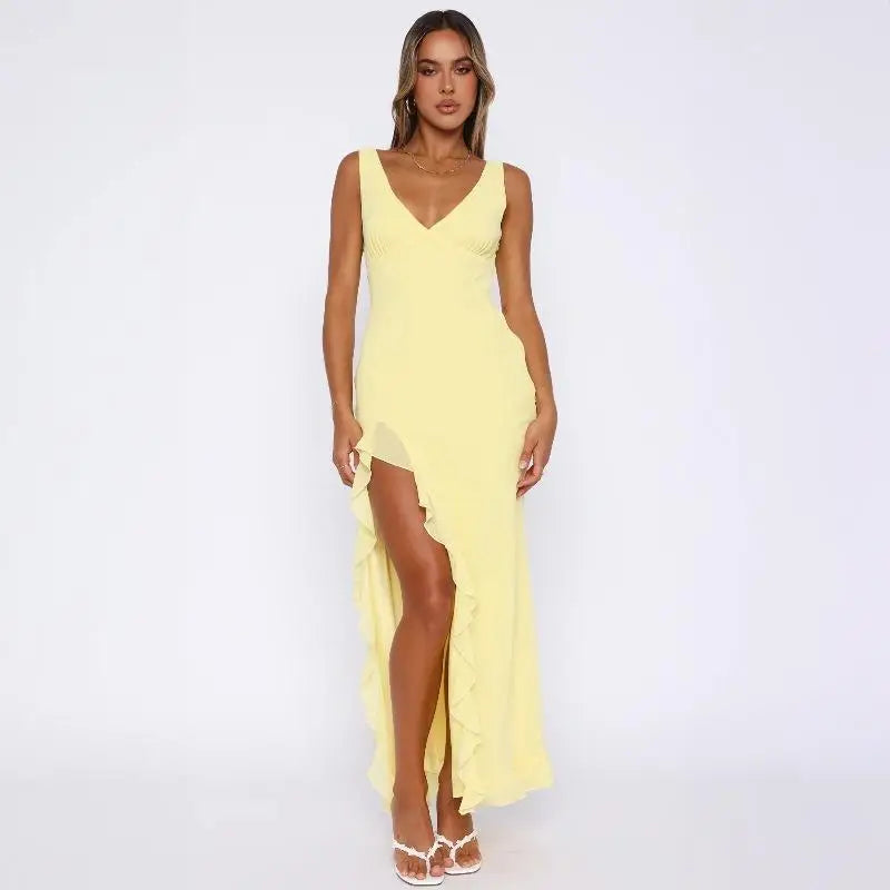 JazzHer Sexy Split Ruffles Strap Dress Women Slim V-neck Sleeveless Backless Female Maxi Dresses 2024 Summer Lady Solid Beach Party Robe