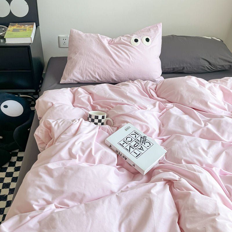 JazzHer Ins Style Nordic Bedding Set No Filling Duvet Cover Pillowcase with Cute Eye Embroidered Solid Color Single Queen Size Bed Linen