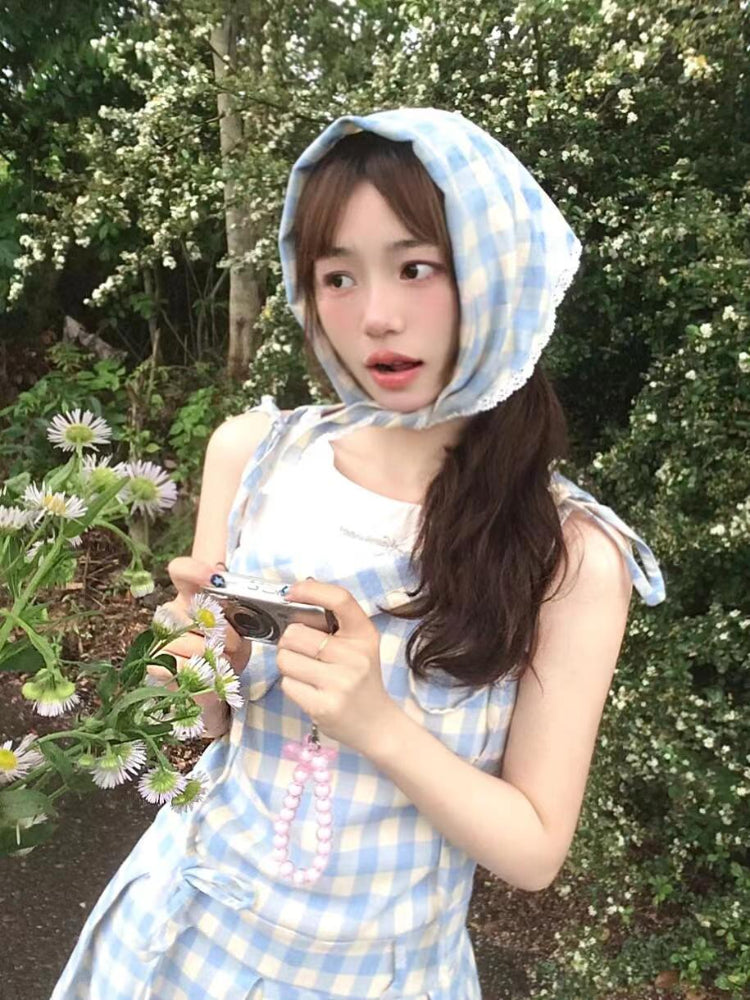 JazzHer 2000s Vintage Blue Plaid Fake Two Piece Dress Women Casual Retro Y2k Mini Dress Summer 2025 Japanese Fashion Sweet Cute Dress