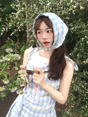 JazzHer 2000s Vintage Blue Plaid Fake Two Piece Dress Women Casual Retro Y2k Mini Dress Summer 2025 Japanese Fashion Sweet Cute Dress