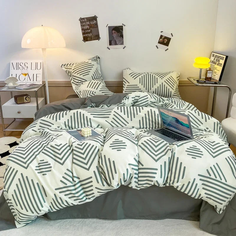 JazzHer Grey Geometric Pattern Duvet Cover Four set series for Adults Teens Polyester Bedding Set with Zip Closure Comforter Covers