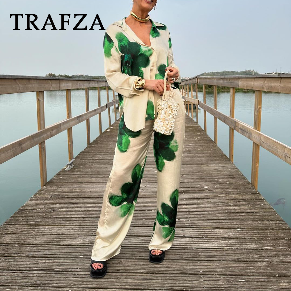 cold weather outfits JazzHer 2024 Spring Summer Casual Women Print Suits Fashion Streetwear Turndown Collar Loose Shirts+High Waist Wide leg pants