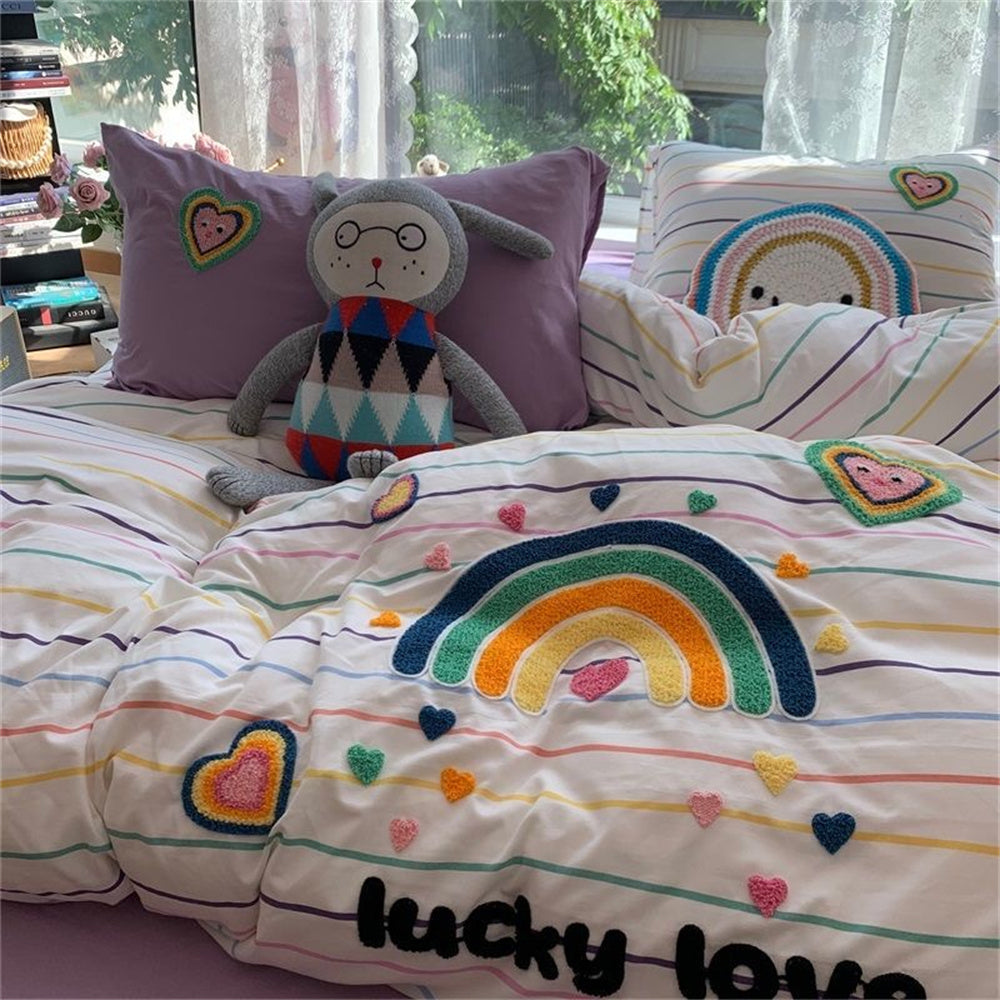 JazzHer Korean Ins Dopamine Rainbow Embroidered Washed Cotton Bedding set Duvet Cover Home Luxury No Filling Bedding Set Bed Sheets