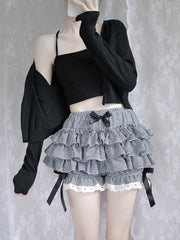 JazzHer Lolita Kawaii MIni Skirt Cute Women Clothes Harajuku Y2k Bow Multilayer Fluffy Skirt Lattice High Waist Lace Sweet Girl Skirts