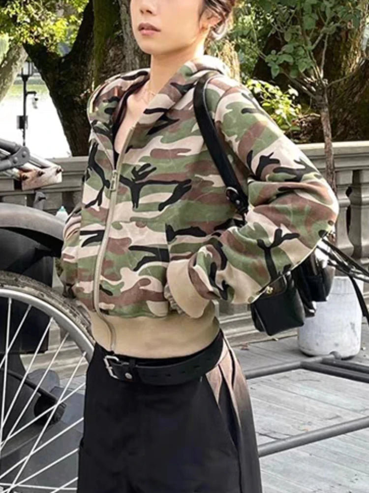 JazzHer 2025 Autumn Streetwear Camouflage Sweatshirts Jacket Women Clothes Casual Y2k Crop Tops Hooded 2000s Vintage Chic Zipper Hoodies