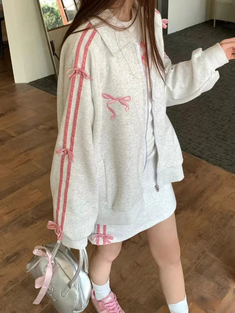 JazzHer 2 Piece Skirt Sets Female Y2k Clothing Zipper Bow Sweet Korean Fashion Hoodie Suits Women Studentseven Party Outwear 2025