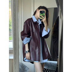 cold weather outfits JazzHer 2024 Spring New Style Korean Matching Loose-Fit Medium-Length Leather Jacket Elegant Shirt Top 2-piece Set Women's Suit