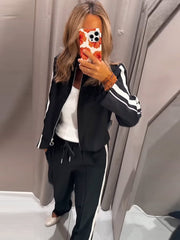 JazzHer Contast Color Coat Trosusers Suits Women Striped Lapel Long Sleeves Zipper Lady Sports Jacket Wide Leg Pant Female Two Piece Set