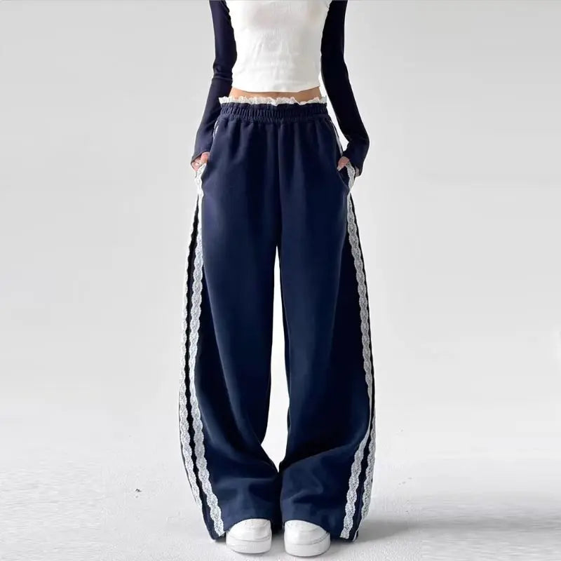 JazzHer Lace Patchwork Sweatpants Women Y2K Streetwear High Waist Wide Leg Pants Korean Fashion Casual Elastic Waist Straight Trousers