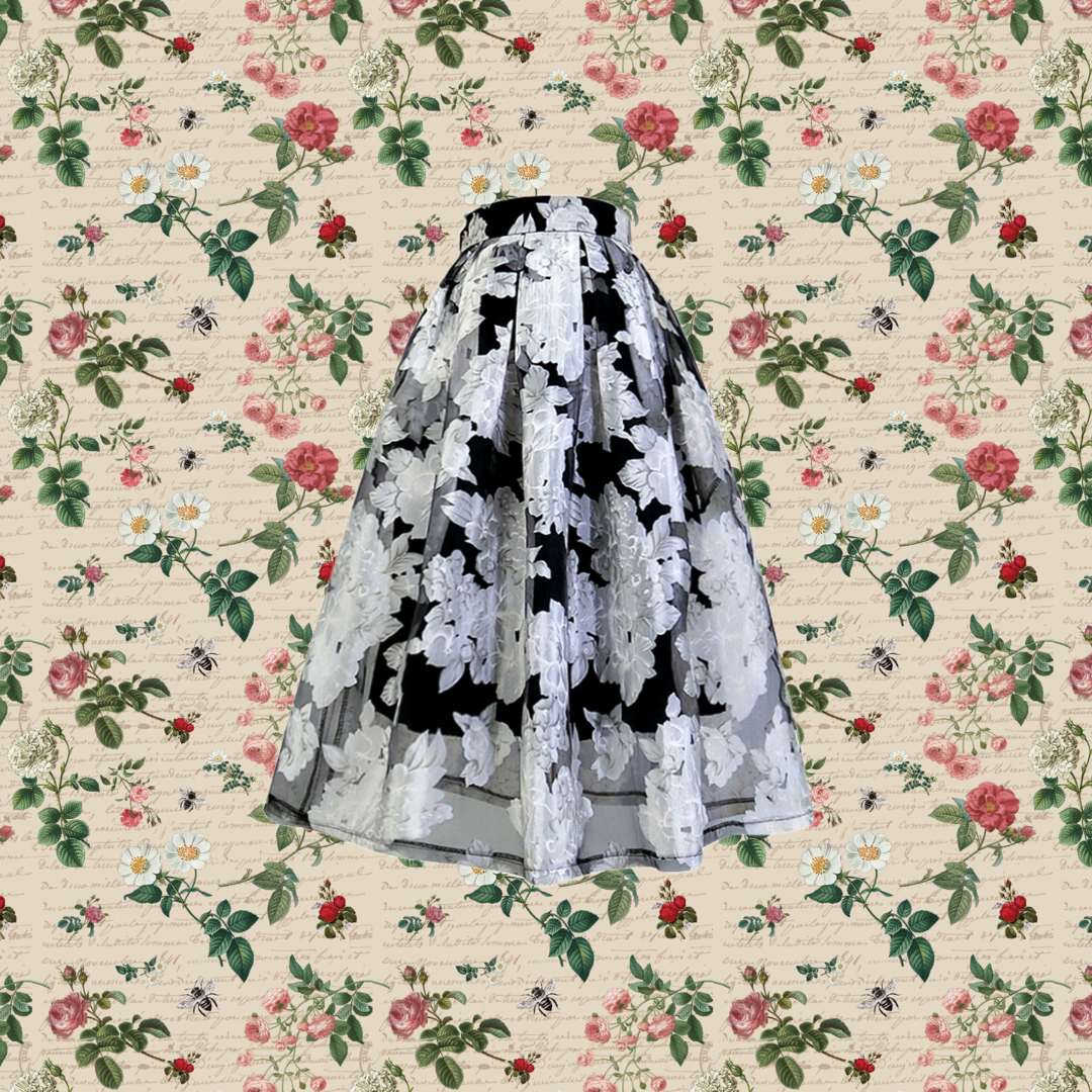 Jazzher Black And White Floral Embroidery Hepburn Skirt