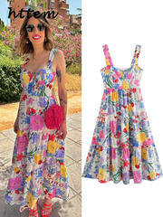 JazzHer Elegant Printed Ruffles Strap Dress Women Fashion Sleeveless Backless Patchwork Female Maxi Dresses 2024 Lady Holiday Beach Robe