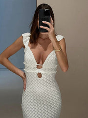 JazzHer Sexy Knitted Long Dress Women V-neck Slim Sleeveless Hollow Out Strap Female Party Dresses 2024 Summer White Holiday Beach Robe