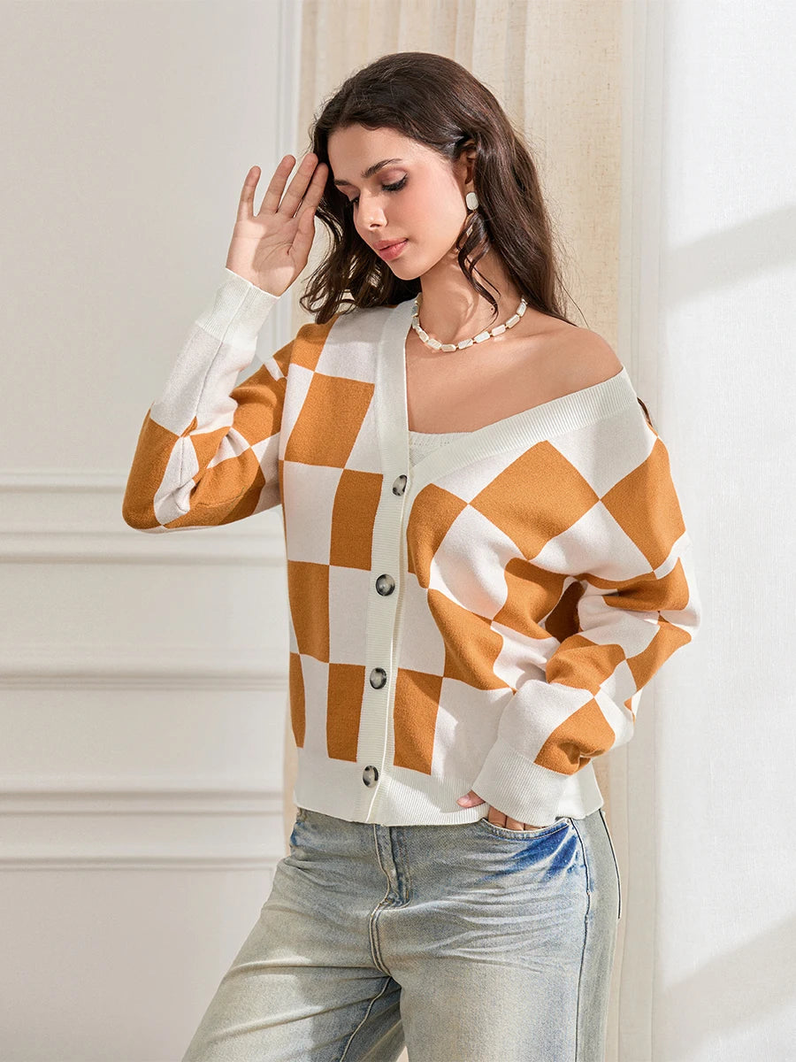 thanksgiving outfit JazzHer Women's Autumn Winter Knit Cardigan Long Sleeve V Neck Checkerboard Print Knitwear Sweater