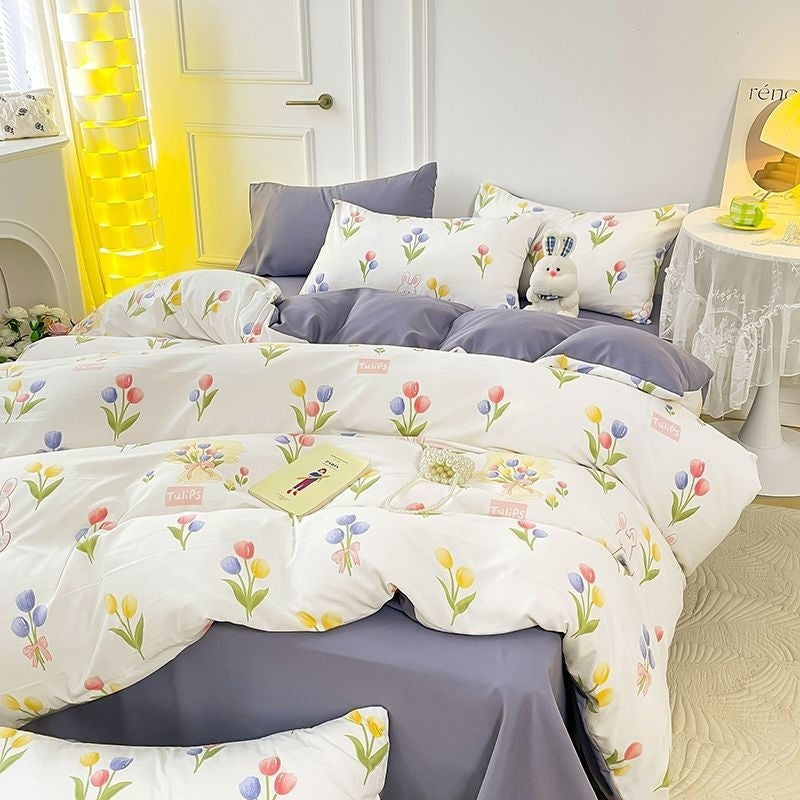 JazzHer Ins Purple Flower Bedding Set Washed Cotton Bed Sheet Pillowcase Quilt Cover Simple Kids Adult Floral Duvet Cover No Filler