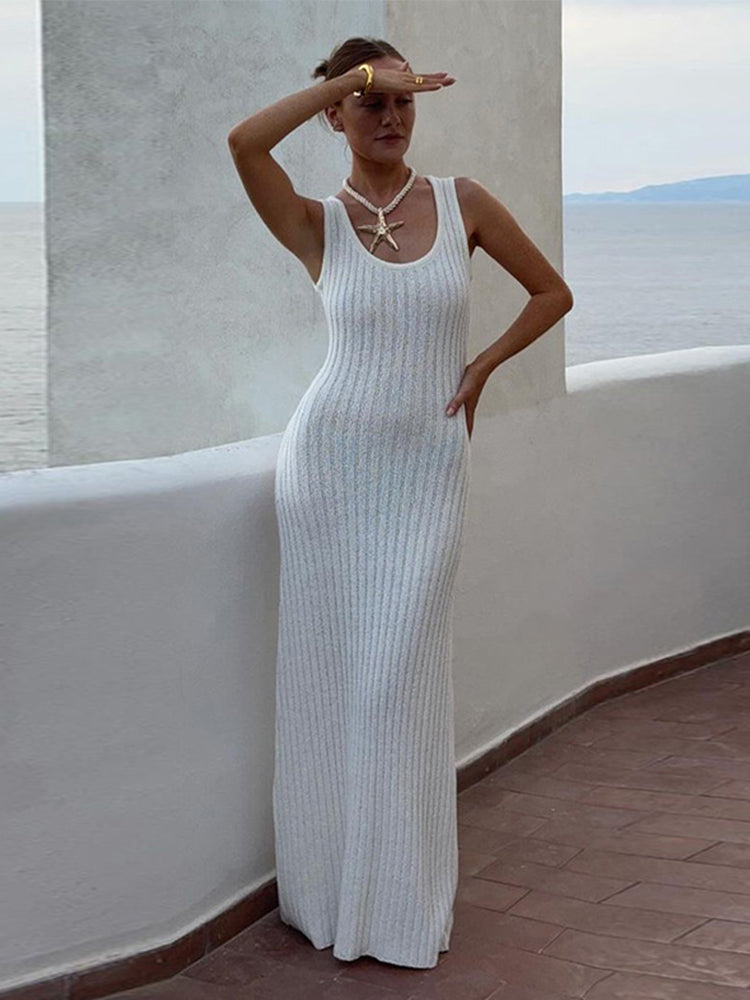 thanksgiving outfit JazzHer Elegant Knitted Long Dress Women Ribbed Sleeveless O-neck White Holiday Bodycon Dresses Female 2024 Autumn Slim Ladies Robe