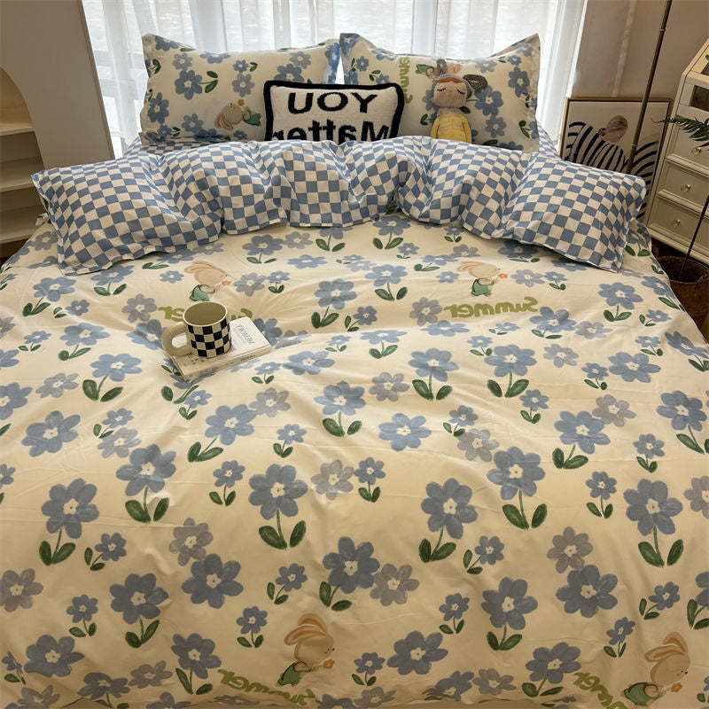 JazzHer Ins Nordic Pastoral Style blue Floral Duvet Cover With Pillow Case Princess Bed Sheet Kids Girls Bedding Set King Queen Cute