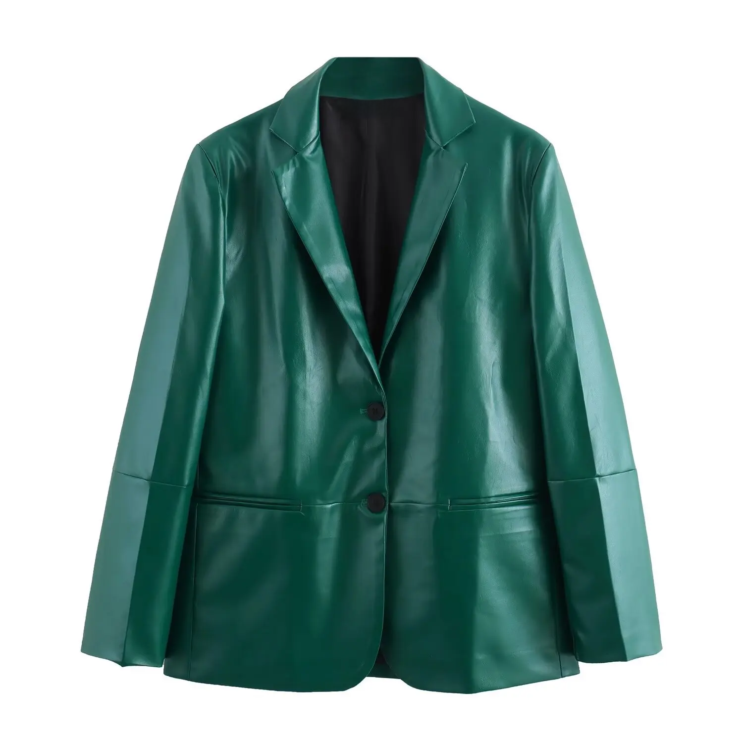 cold weather outfits JazzHer 2024 Autumn New Arrival Women's Leather Green Straight Cut Suit Jacket With Split Side Skirt Medium Length Dress Set