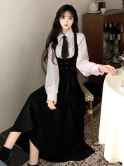 JazzHer 2025 Autumn Preppy Style 2 Piece Dress Set Women Casual Simple Shirt + Elegant Sleeveless Strap Dress Korean Fashion Dress Suit