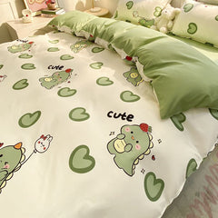 JazzHer Cute Dinosaur Bedding Set for Kids Duvet Cover No Filling Flat Sheet Pillowcase Boys Girls Full Queen Size Spring Bed Linen