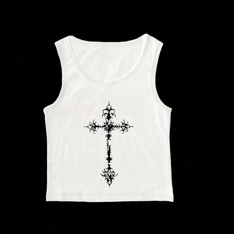 JazzHer Y2K Gothic Grunge Punk Aesthetic Print Lace Camisole Top Fashion Sexy Sleeveless Slim Chic Crop Top 90s Vintage Rock Women's Tee