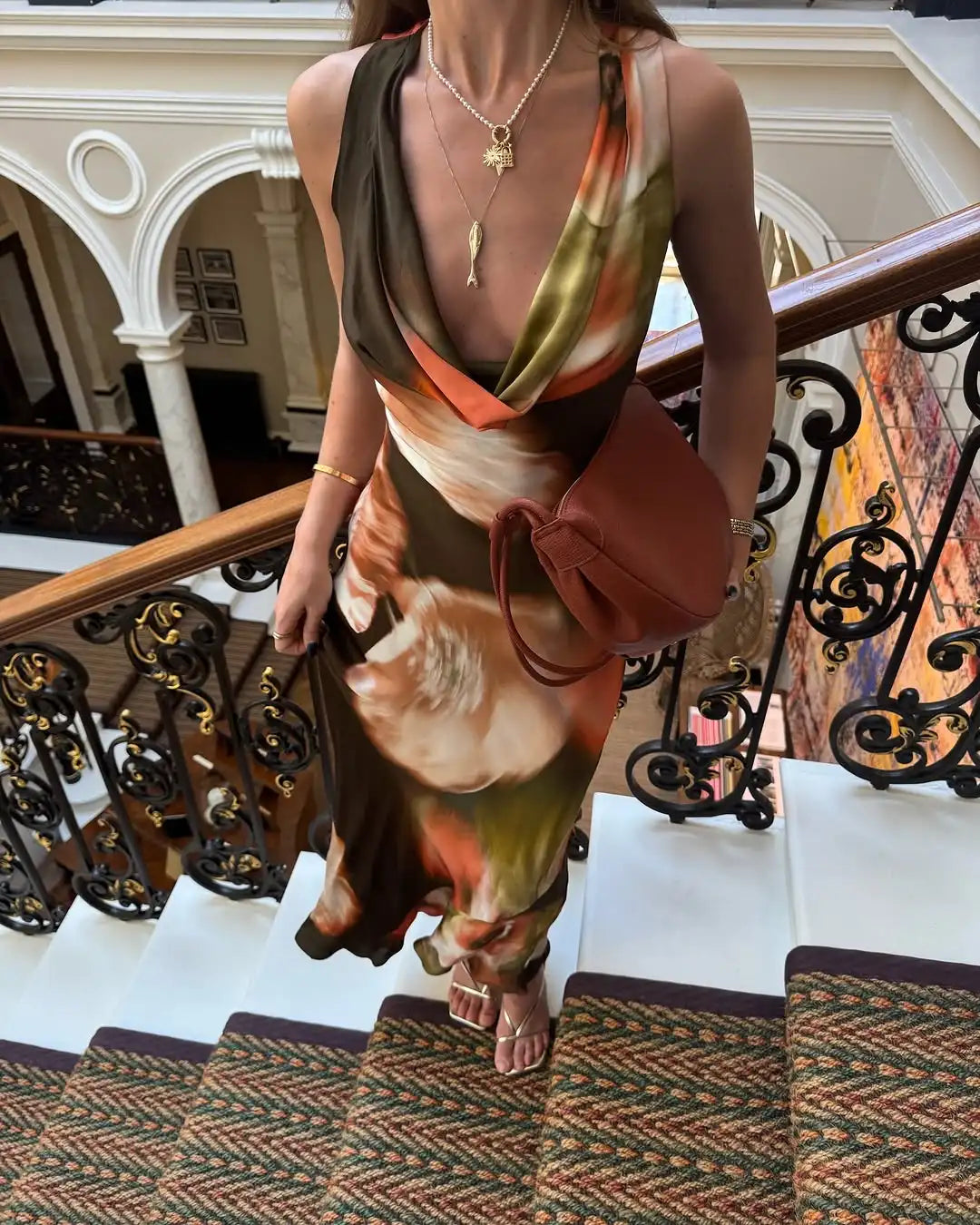 JazzHer Women Tie Dyed Print Ruffles Maxi Dress Elegant Swing Neck Slim Fit Maxi Dresses Sexy Open Back Summer Evening Party Gowns 2025