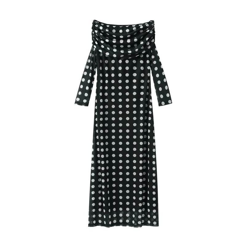 thanksgiving outfit JazzHer Sexy Polka Dot Dresses For Women Off Shoulder Mesh Patchwork Party Dress Long Sleeves Ruched Vestidos Summer Lady Elegant Robes