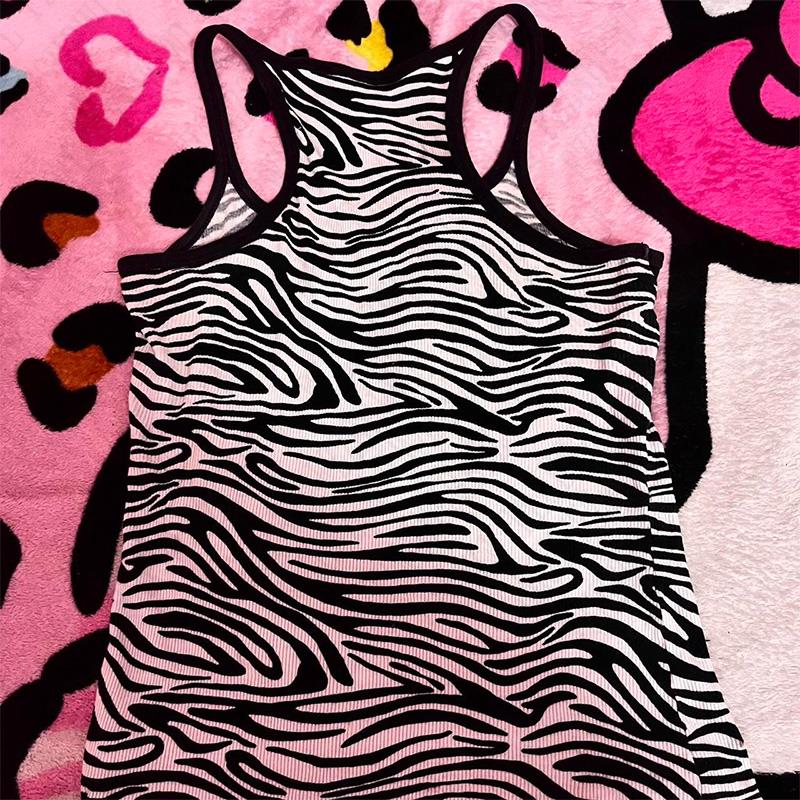 JazzHer Woman Y2K Zebra-stripe Printing emo Aesthetic Halter tops Sling Streetwear Harajuku Punk Vintage Pant Chic Goth 90s Rock Singlet